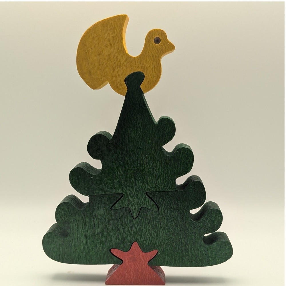 Handcrafted Wooden Christmas Tree Puzzle Stacking Toy Bird Topper Made in Egypt